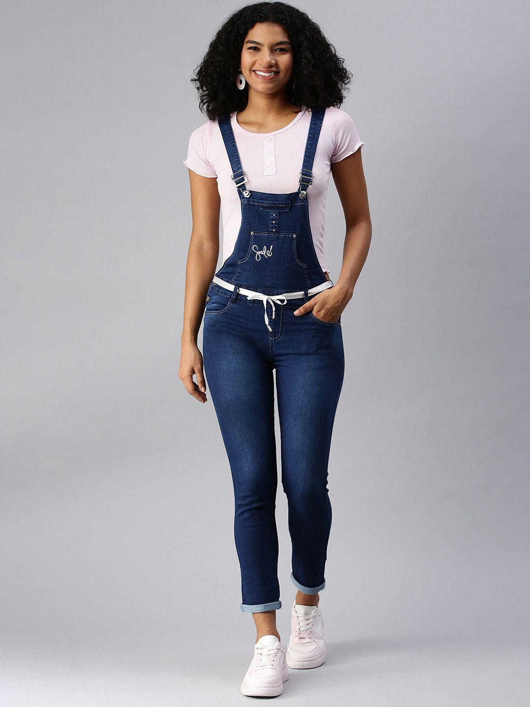 showoff women slim-fit cotton denim dungarees