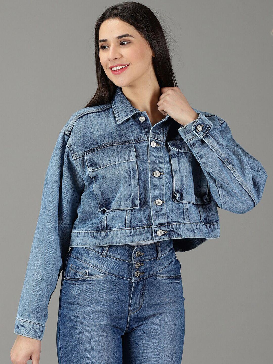 showoff women spread collar crop denim jacket