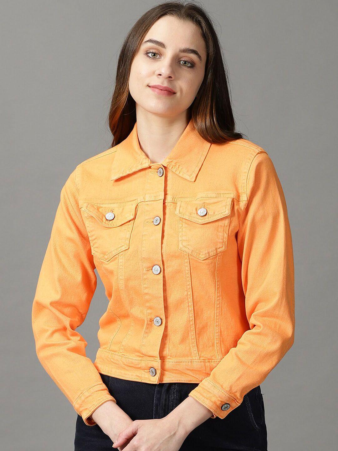 showoff women spread collar long sleeves denim jacket