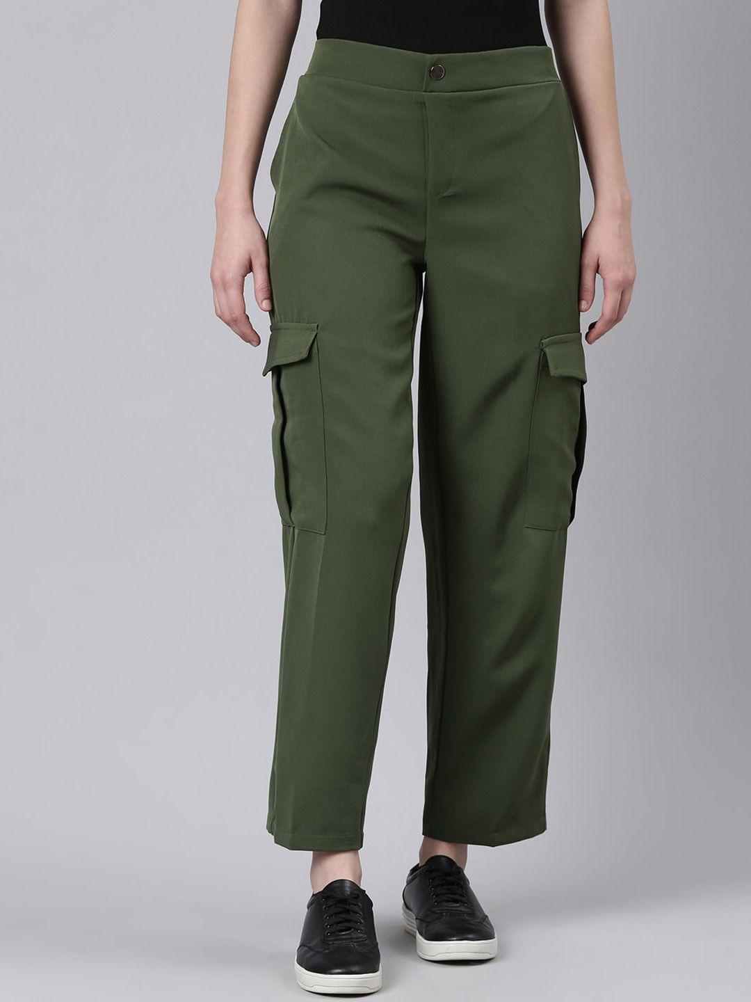 showoff women straight fit wrinkle free cotton cargos trousers
