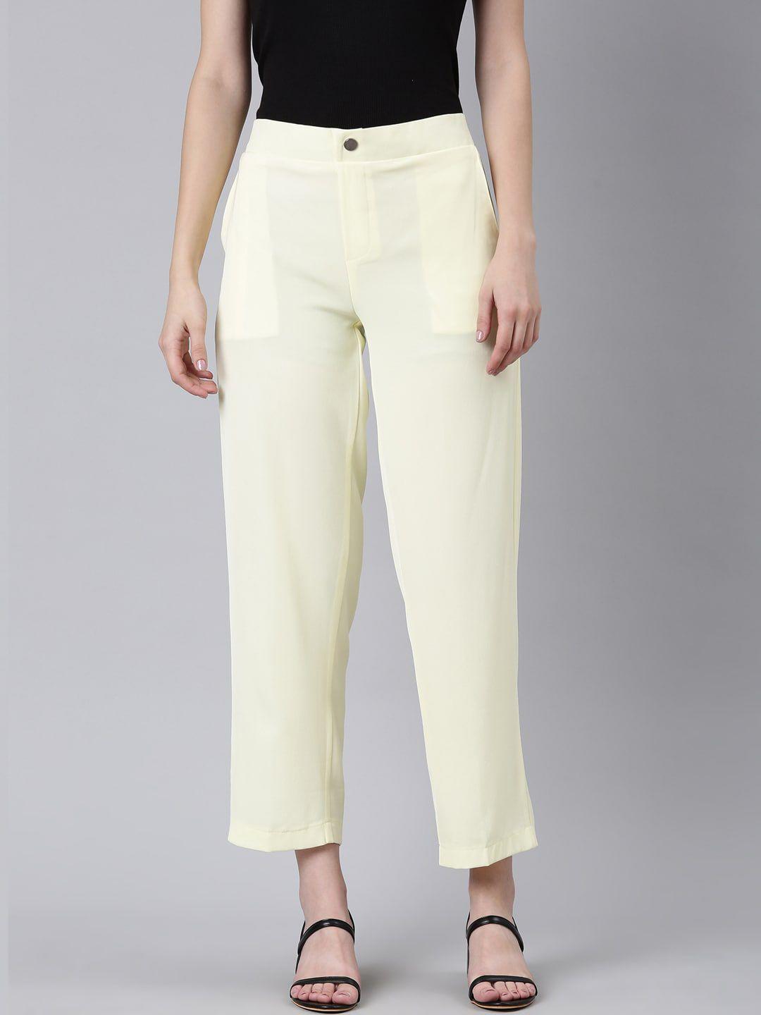 showoff women straight fit wrinkle free cotton trousers