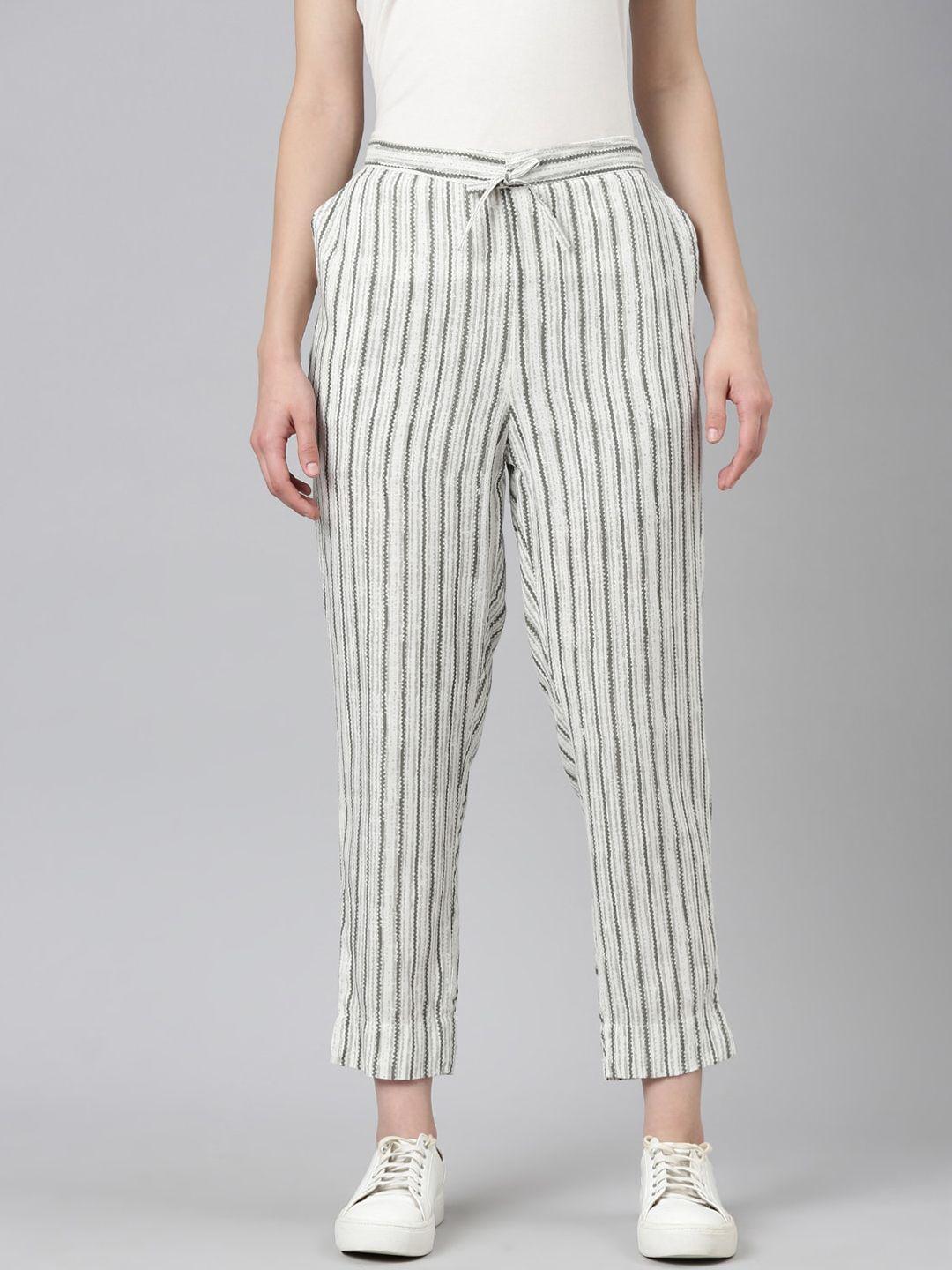 showoff women striped high-rise cotton trousers