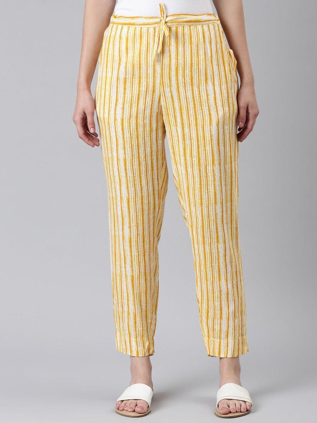 showoff women striped high-rise cotton trousers