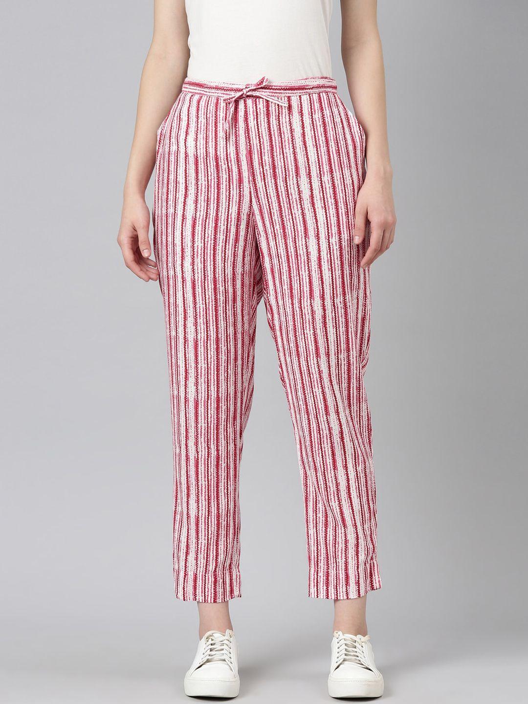 showoff women striped high-rise cotton trousers