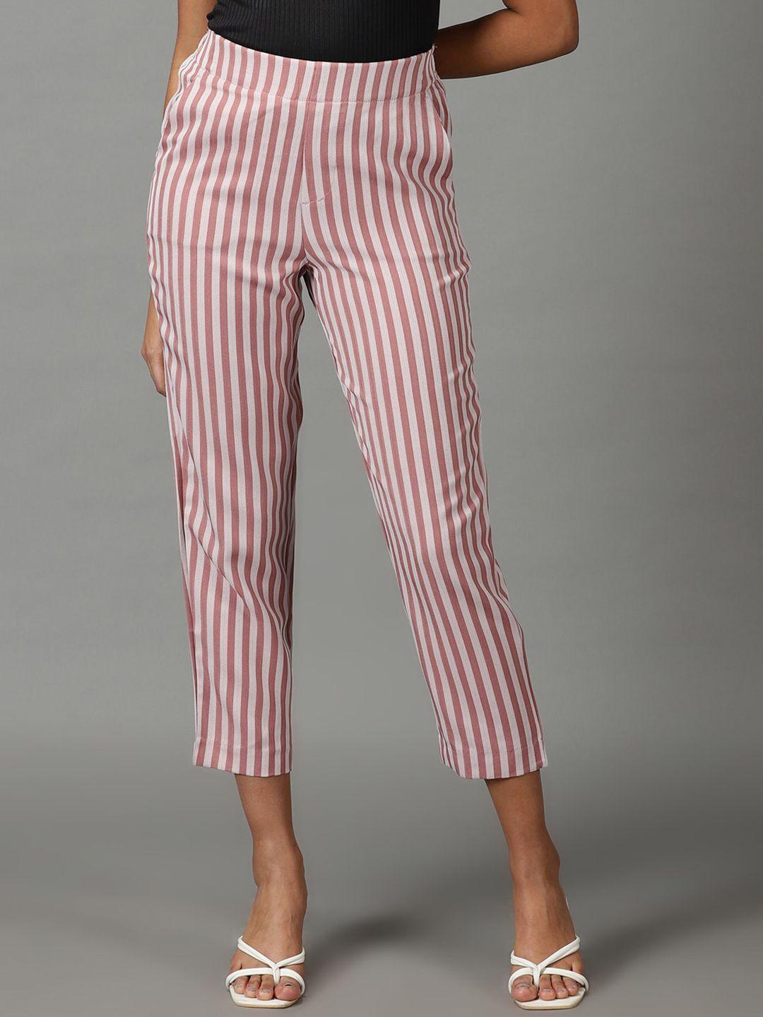 showoff women striped straight fit cropped formal trousers