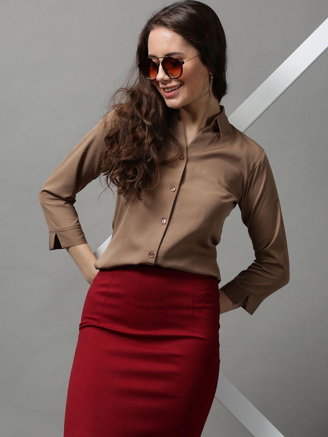 showoff women tan brown solid formal shirt