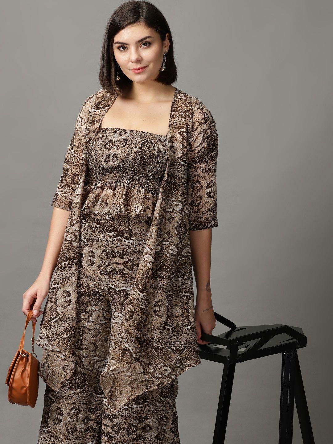 showoff women taupe  snake printed polyester co-ords set with shrug