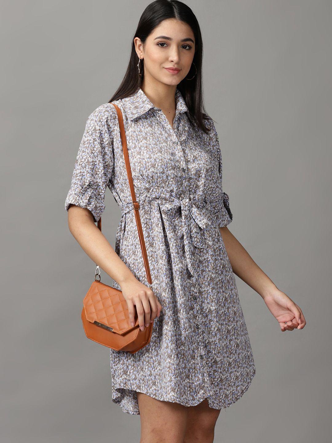 showoff women taupe floral chiffon shirt dress