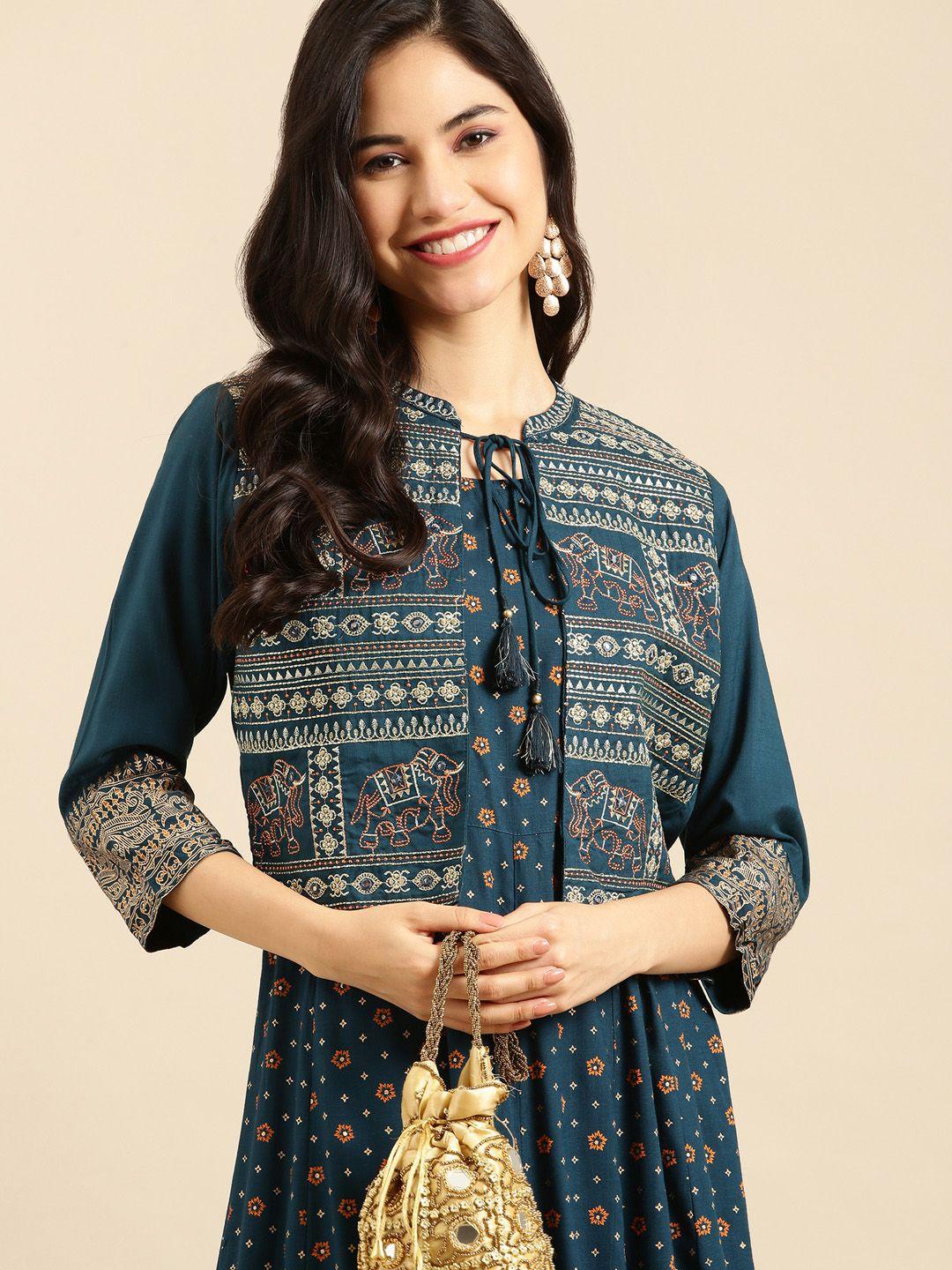 showoff women teal ethnic motifs printed anarkali kurta