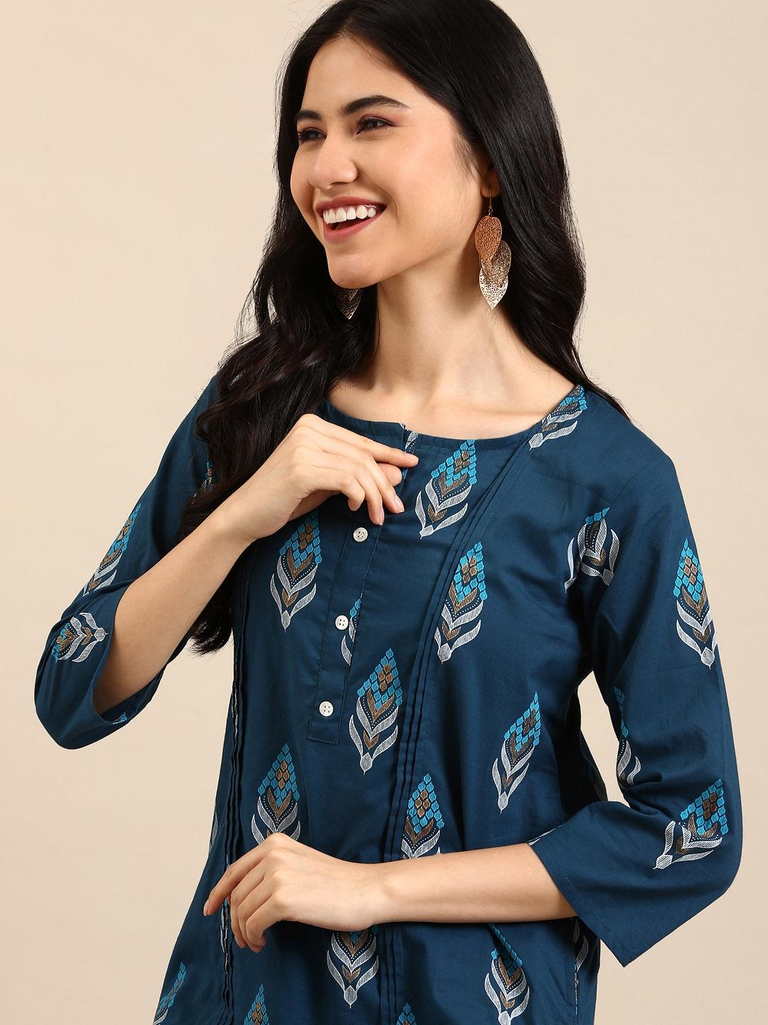 showoff women teal ethnic motifs printed kurta with trousers