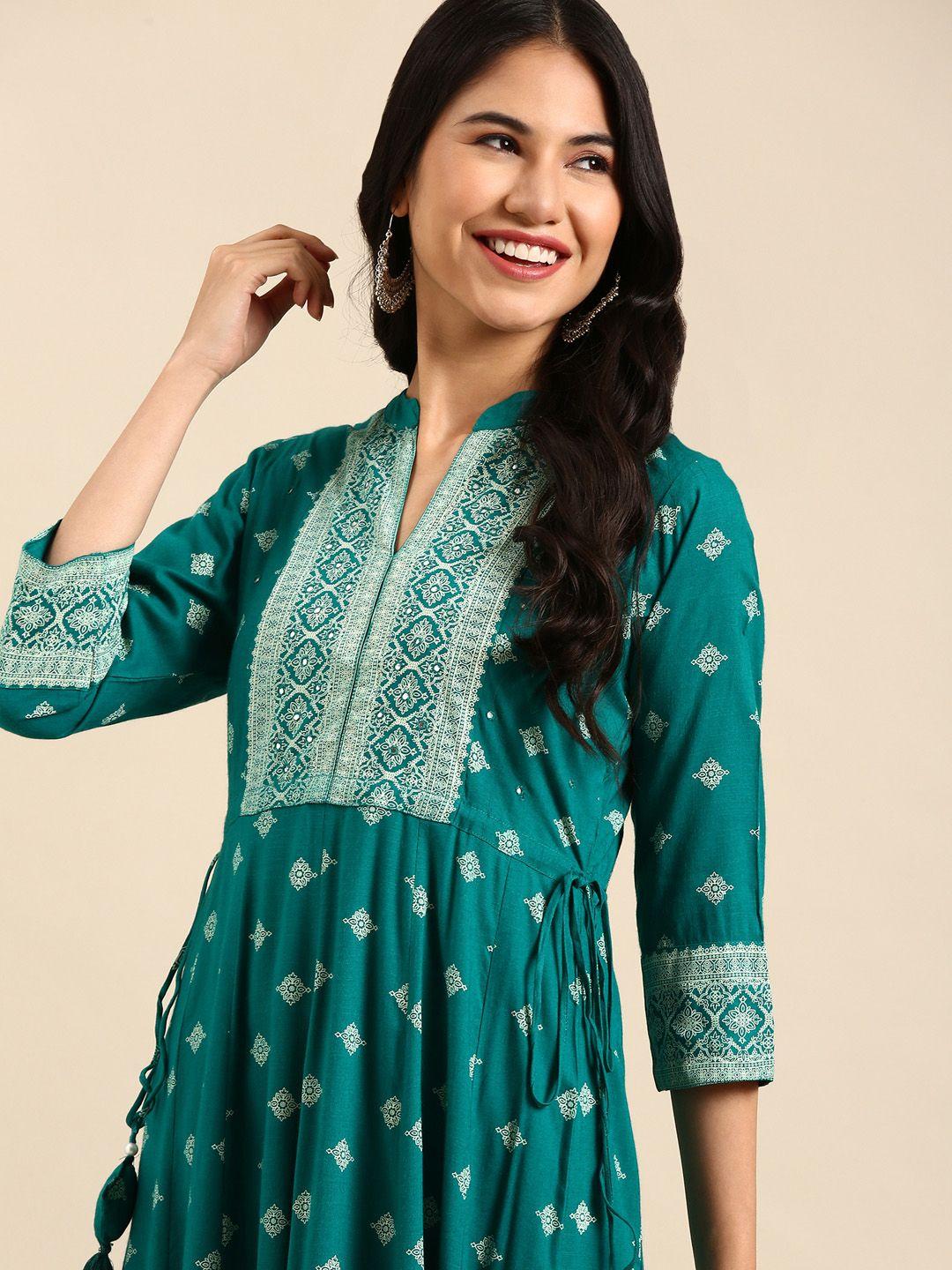 showoff women teal green & white floral printed floral kurta