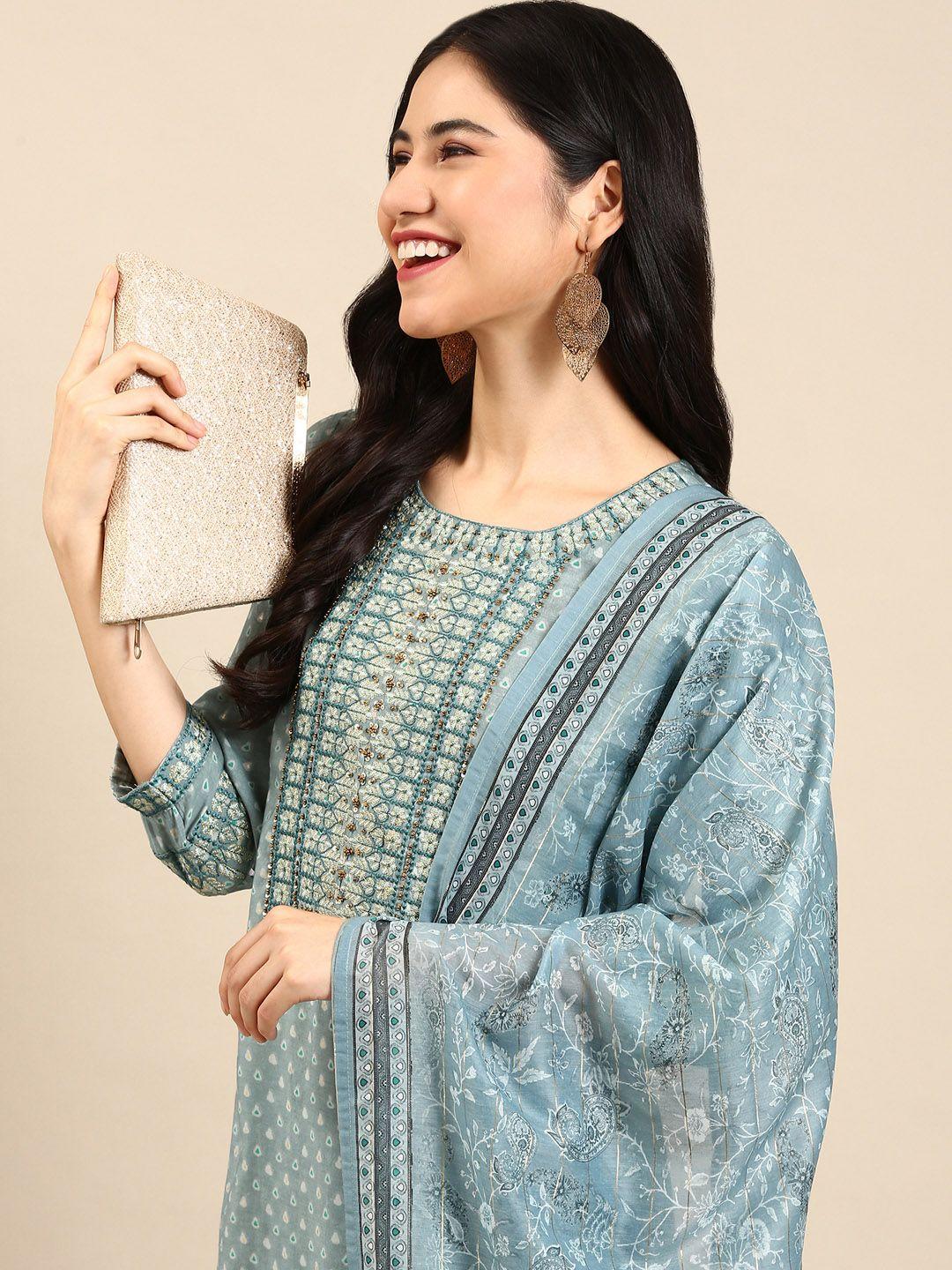 showoff women teal paisley embroidered chanderi silk kurta with trousers & with dupatta