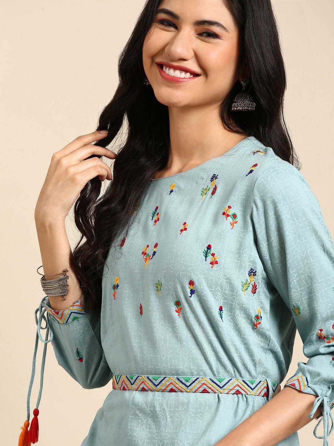 showoff women turquoise blue & red floral embroidered thread work belted detail kurta