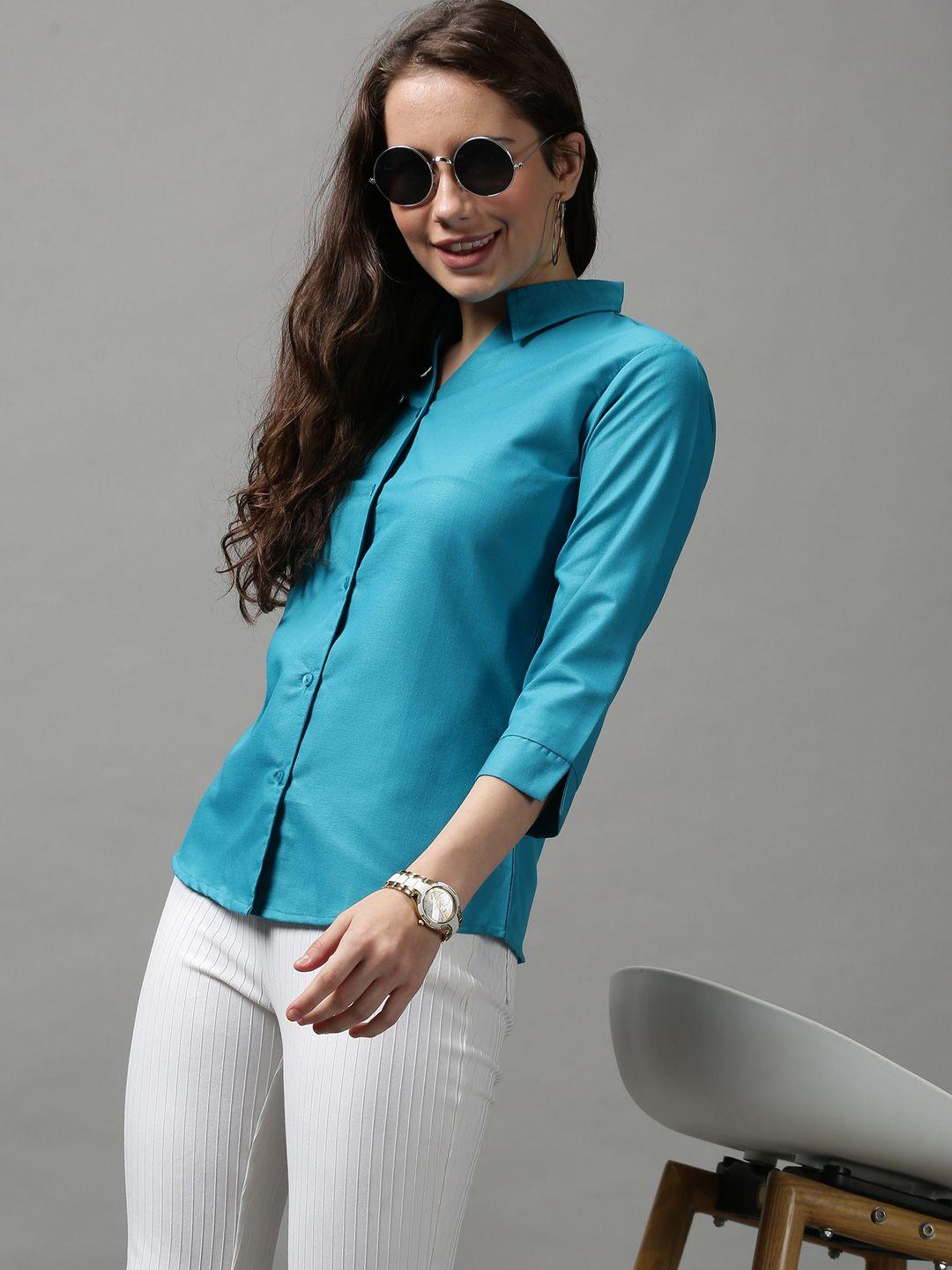 showoff women turquoise blue casual shirt