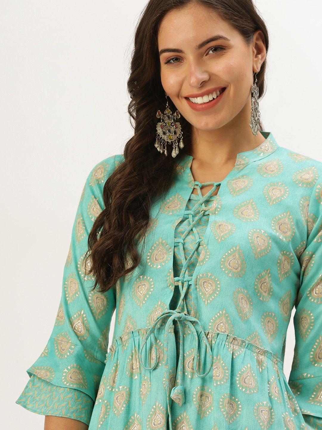 showoff women turquoise blue floral embroidered kurta