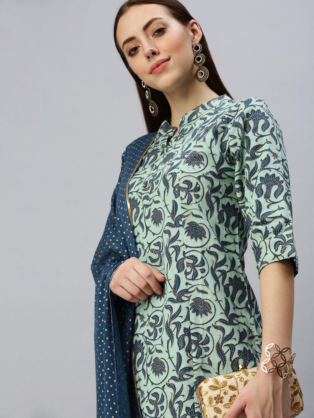 showoff women turquoise blue floral printed mandarin collar straight kurta set