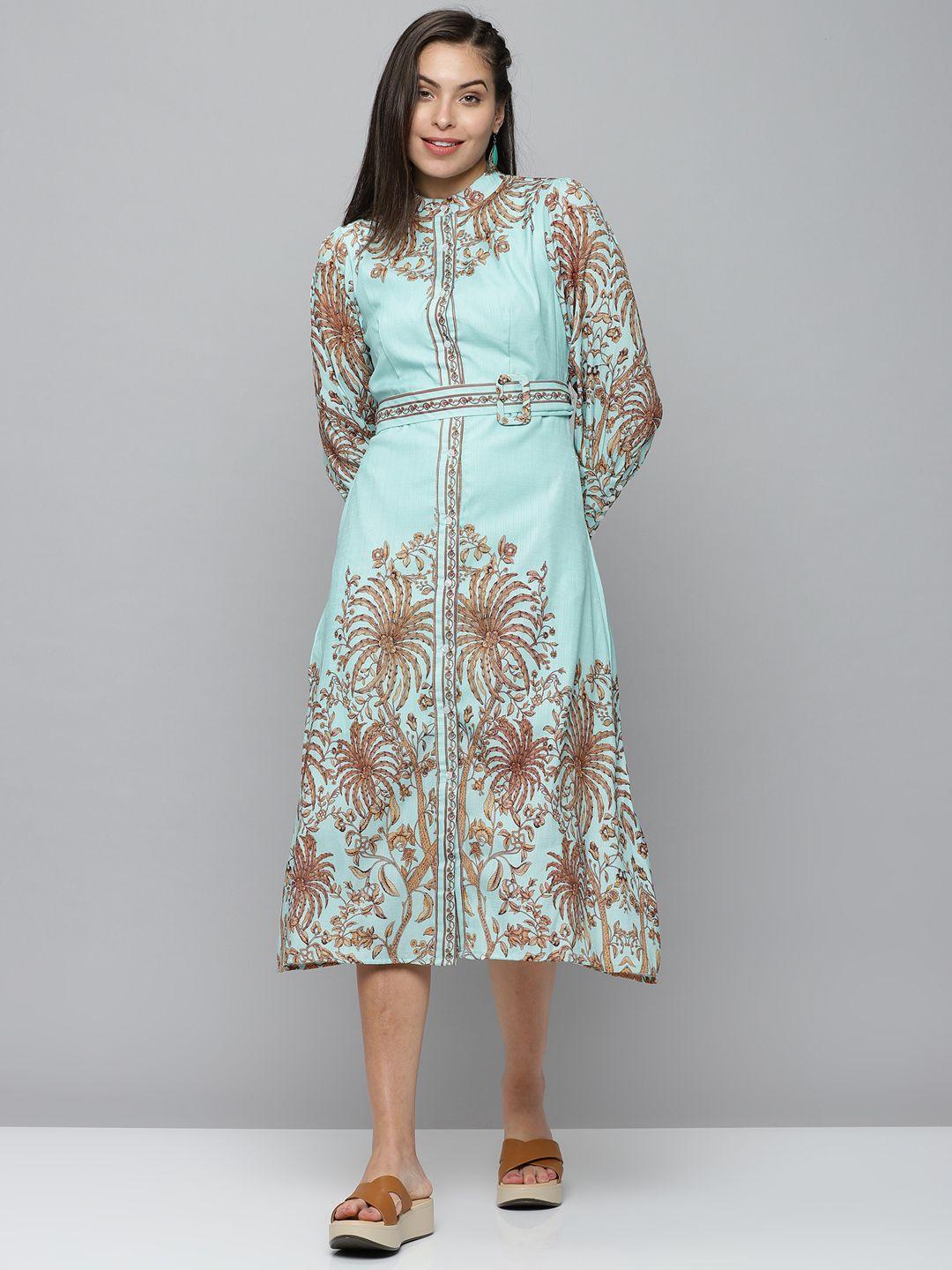 showoff women turquoise blue floral printed midi dress