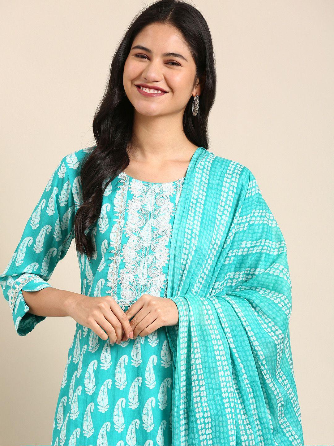 showoff women turquoise blue paisley printed thread work kurta with trousers & dupatta