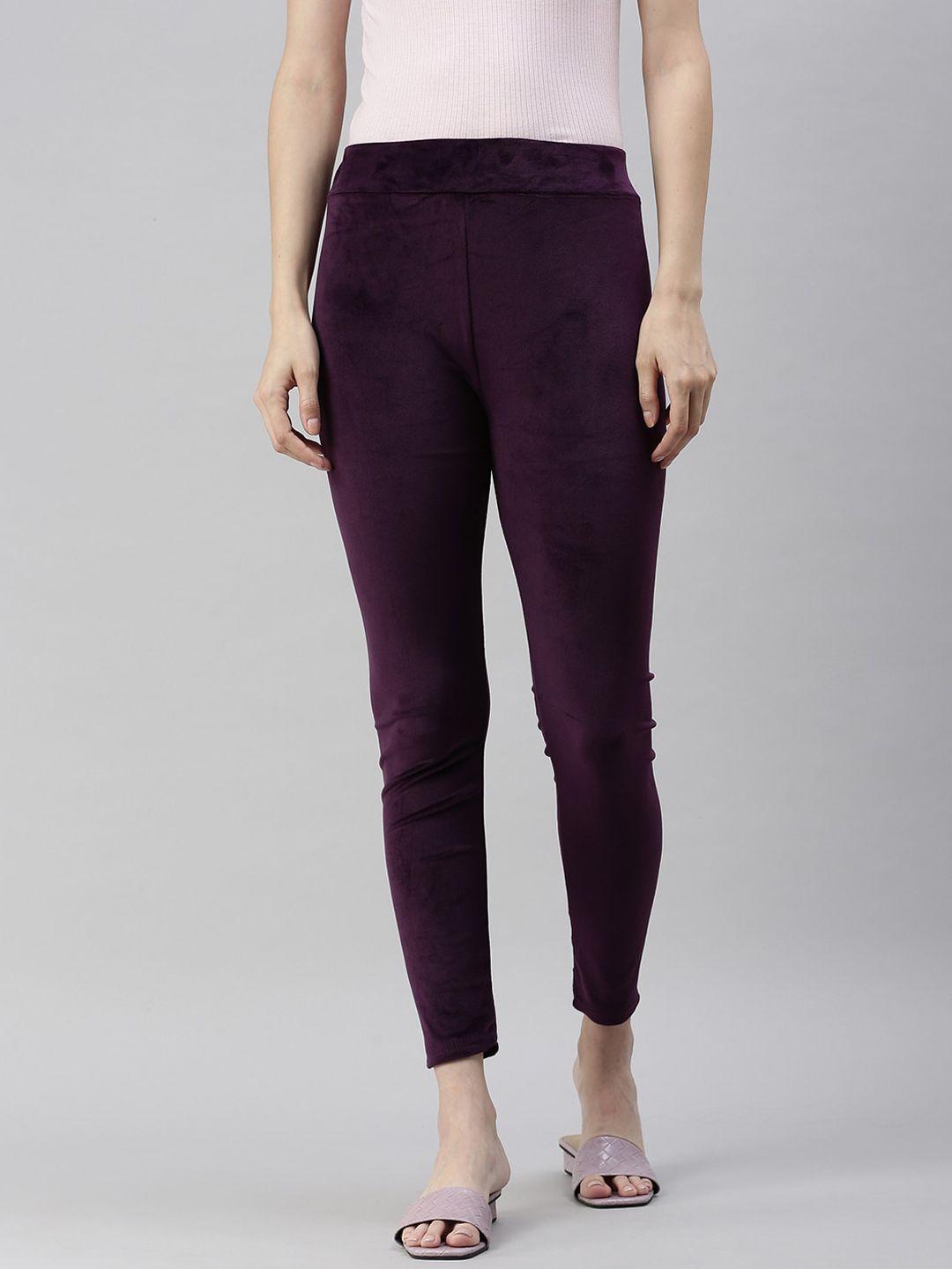 showoff women violet colored solid skinny-fit ankle-length leggings