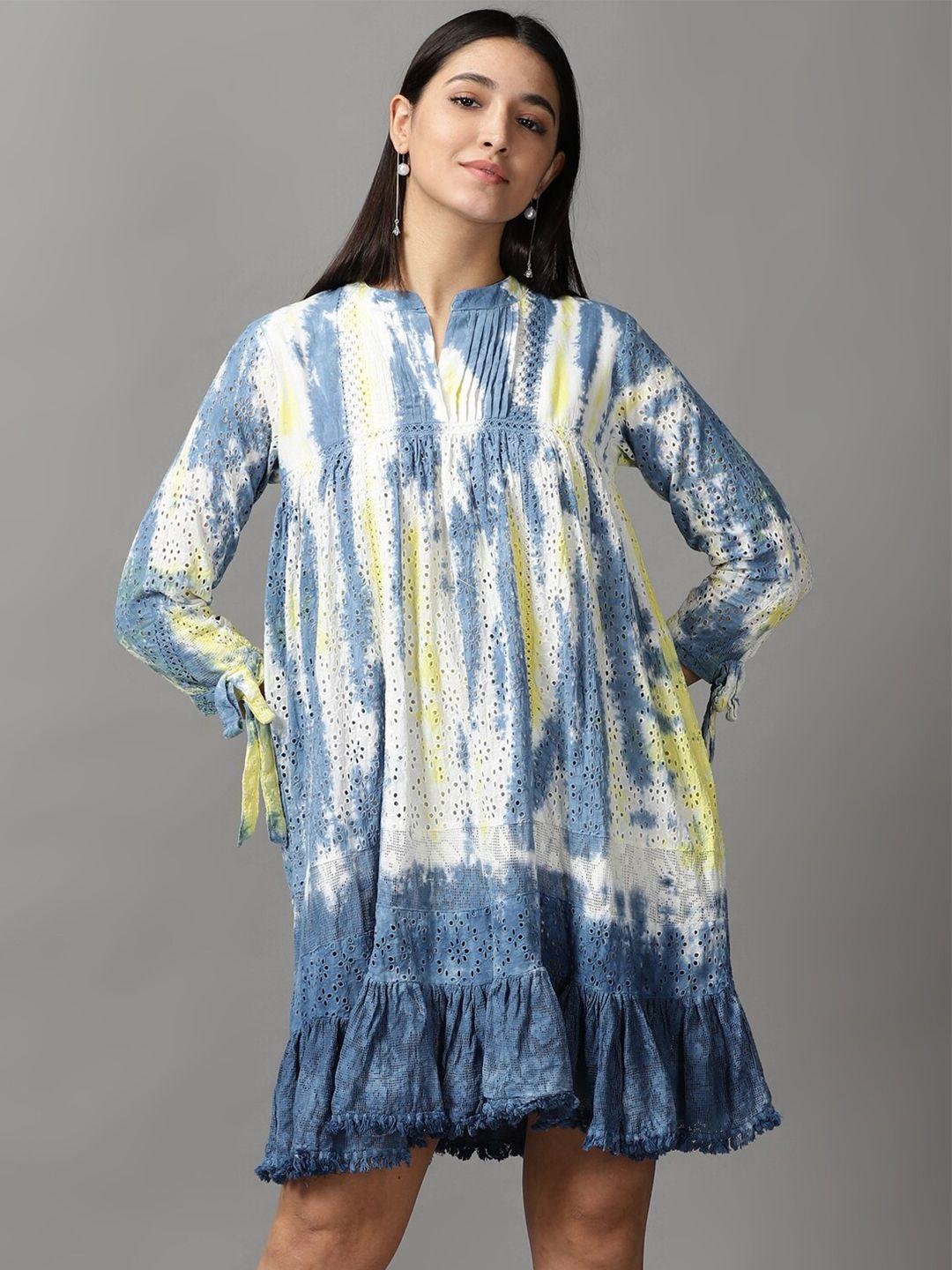 showoff women white & blue tie and dye a-line cotton dress