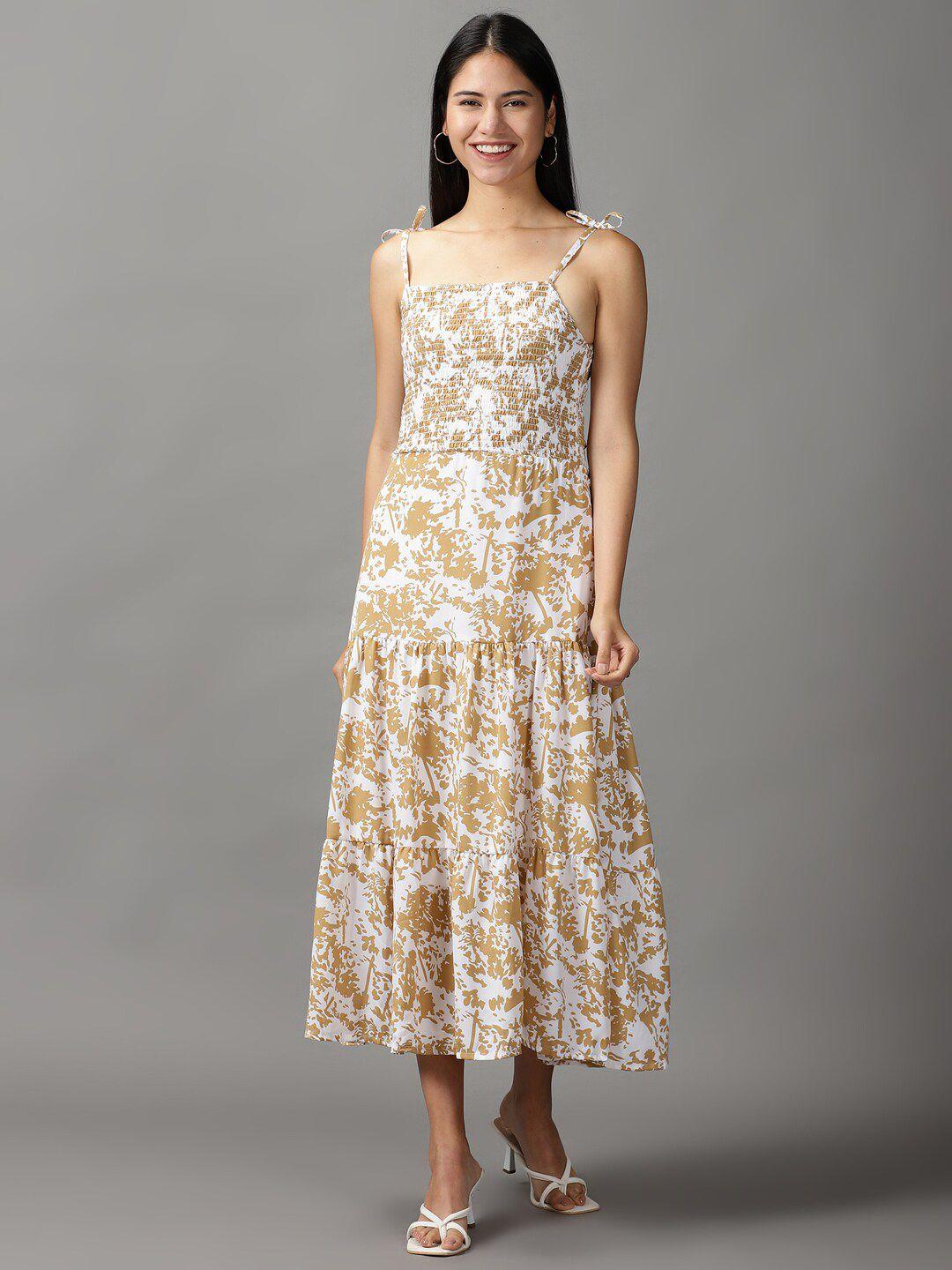 showoff women white & brown midi abstract dress