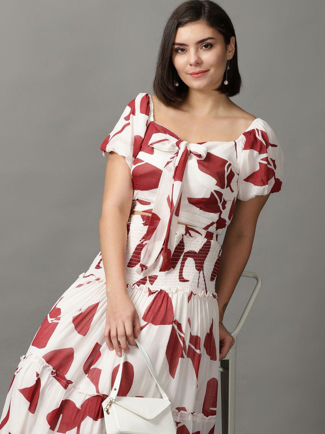 showoff women white & maroon  printed top & skirt co-ords