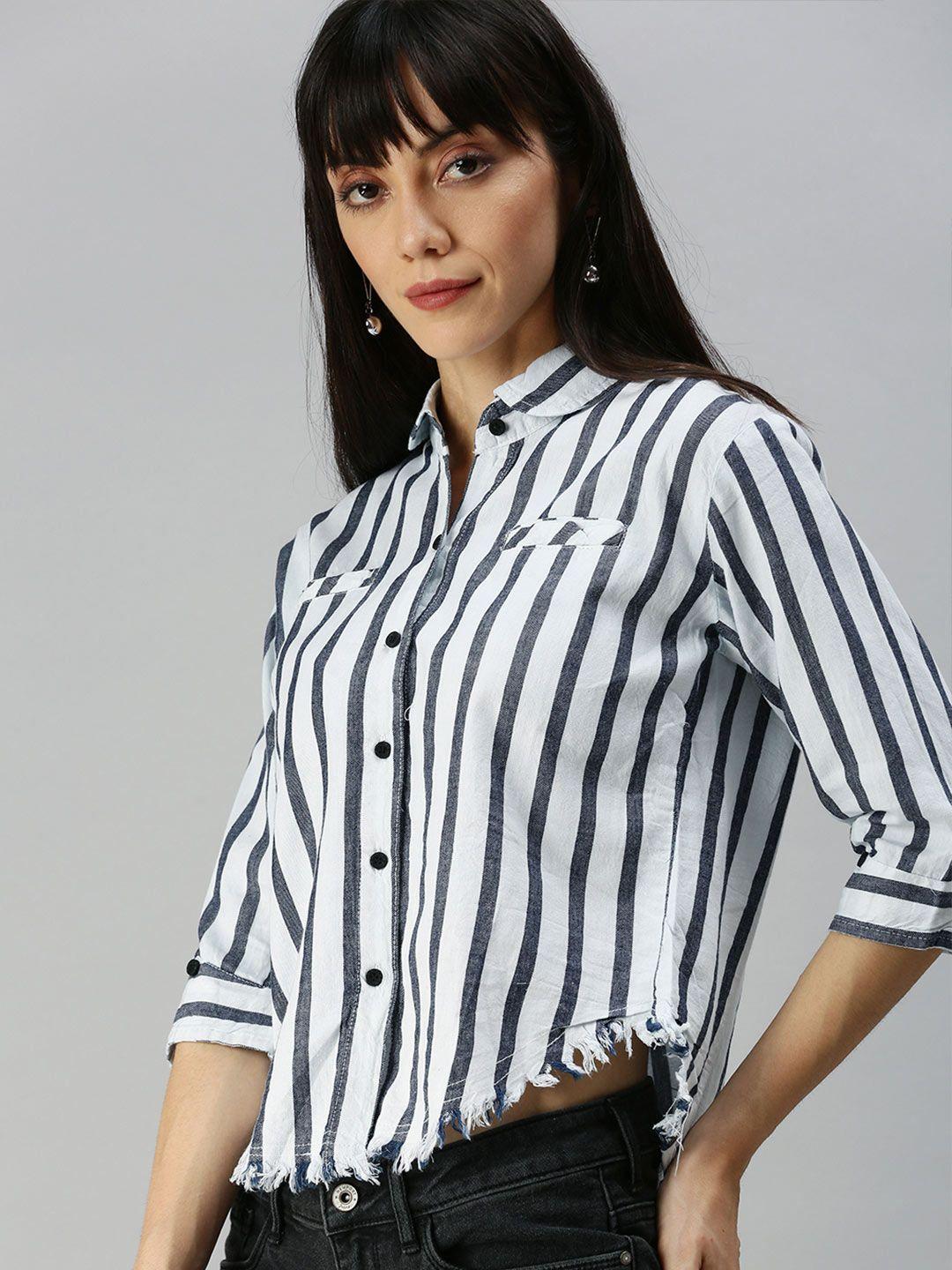 showoff women white & navy blue comfort striped regular fit casual shirt