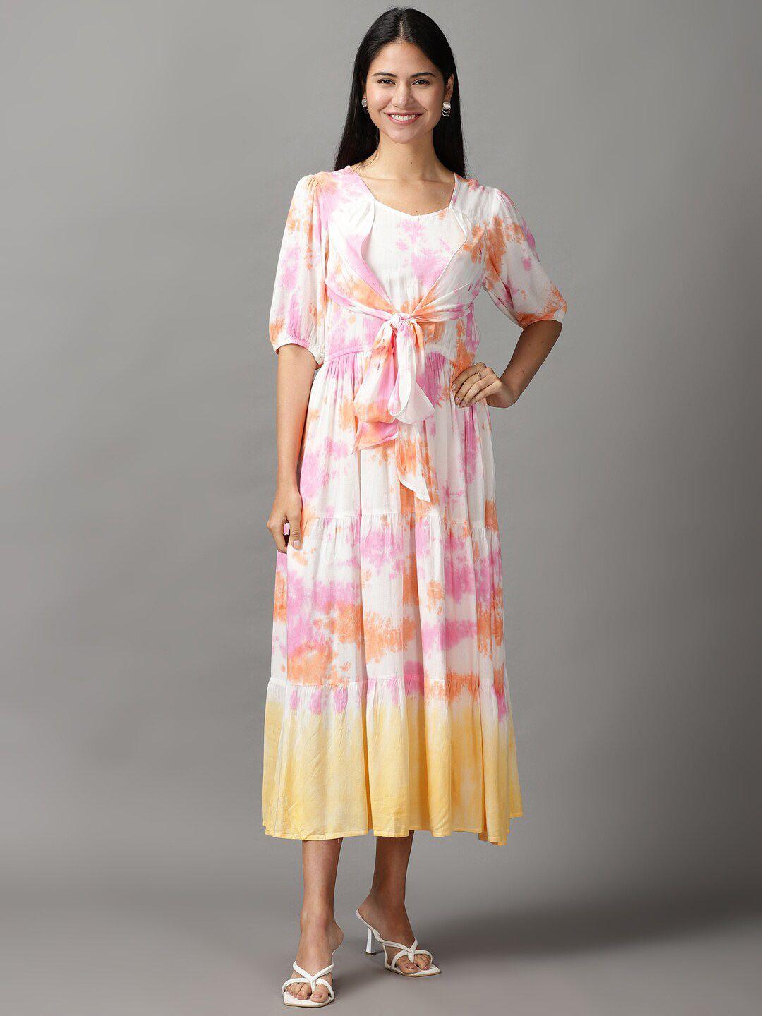 showoff women white & pink tie and dye cotton maxi dress