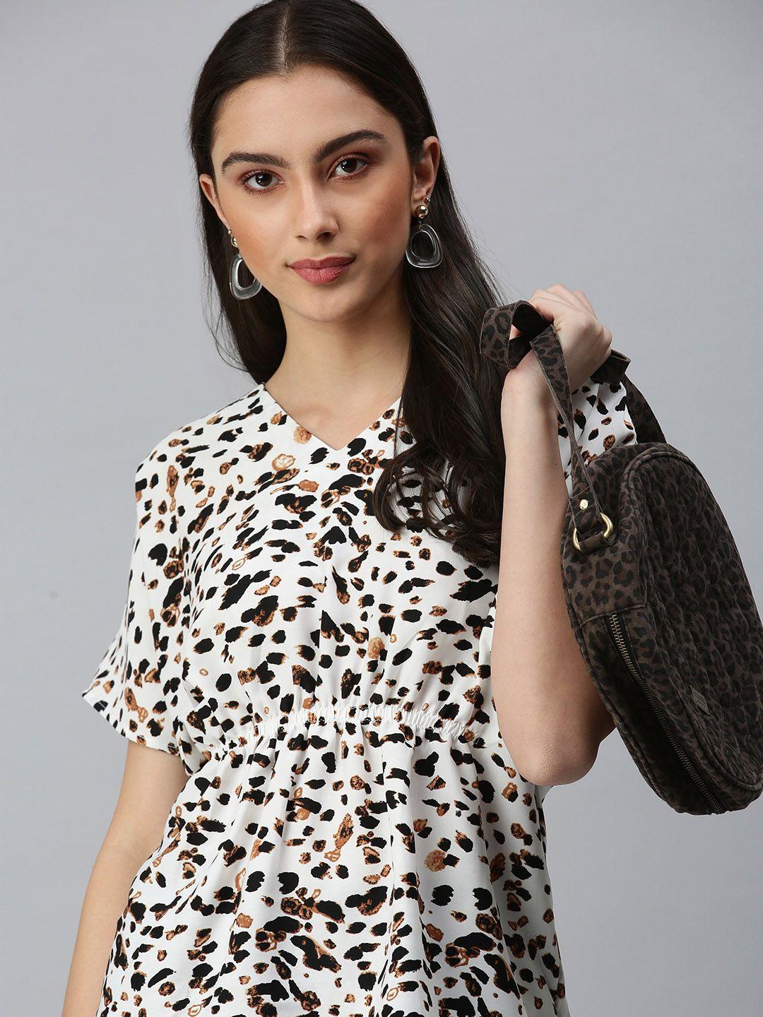 showoff women white animal printed extended sleeves crepe top
