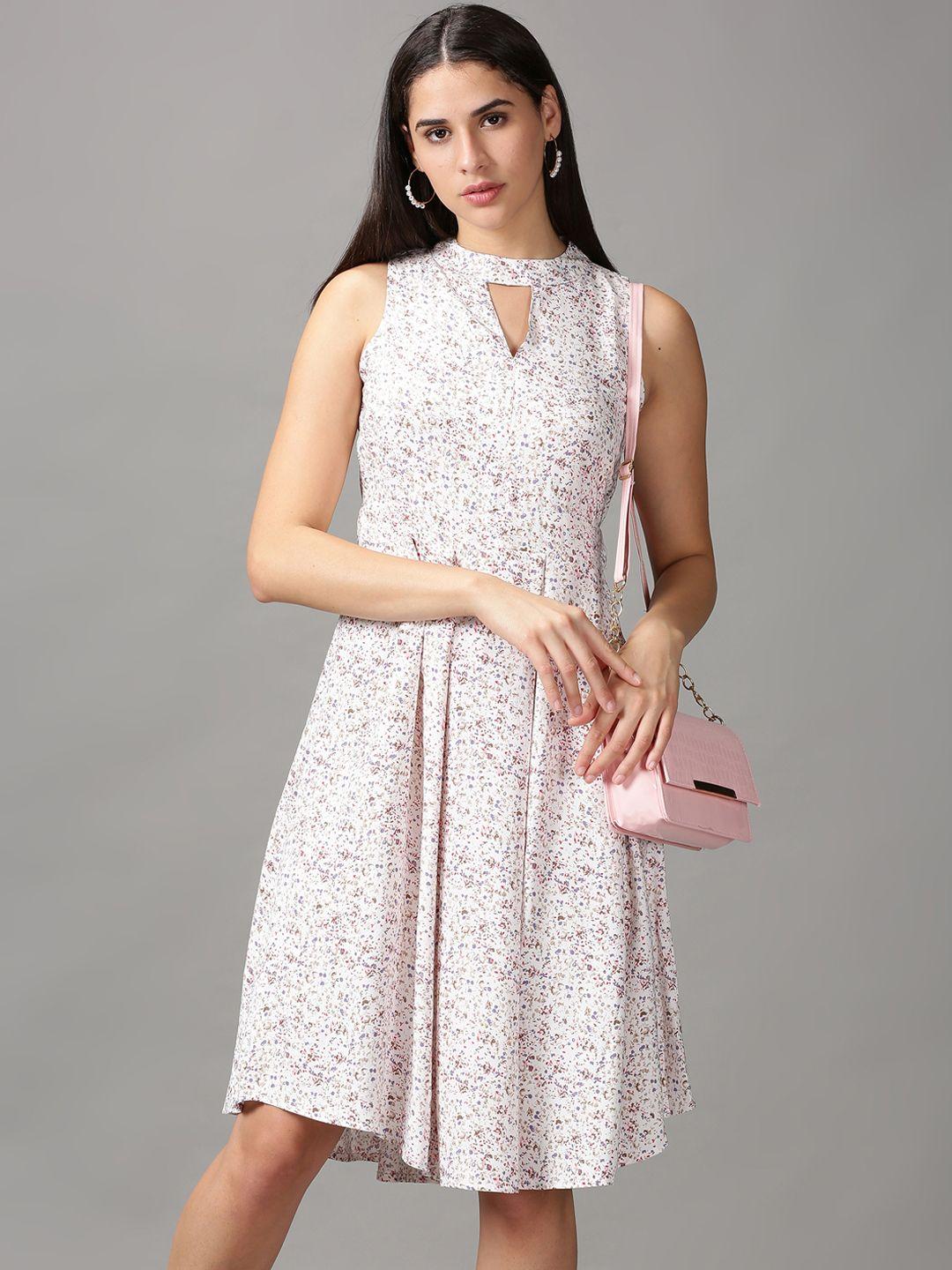 showoff women white floral keyhole neck georgette dress