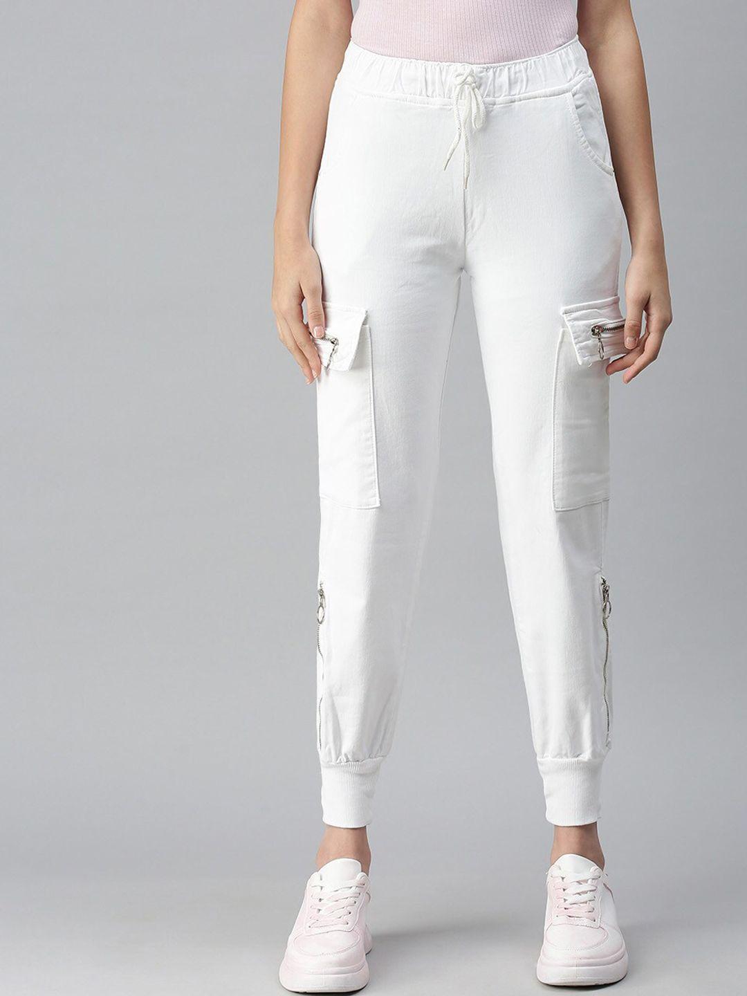 showoff women white jogger high-rise slash knee stretchable jeans