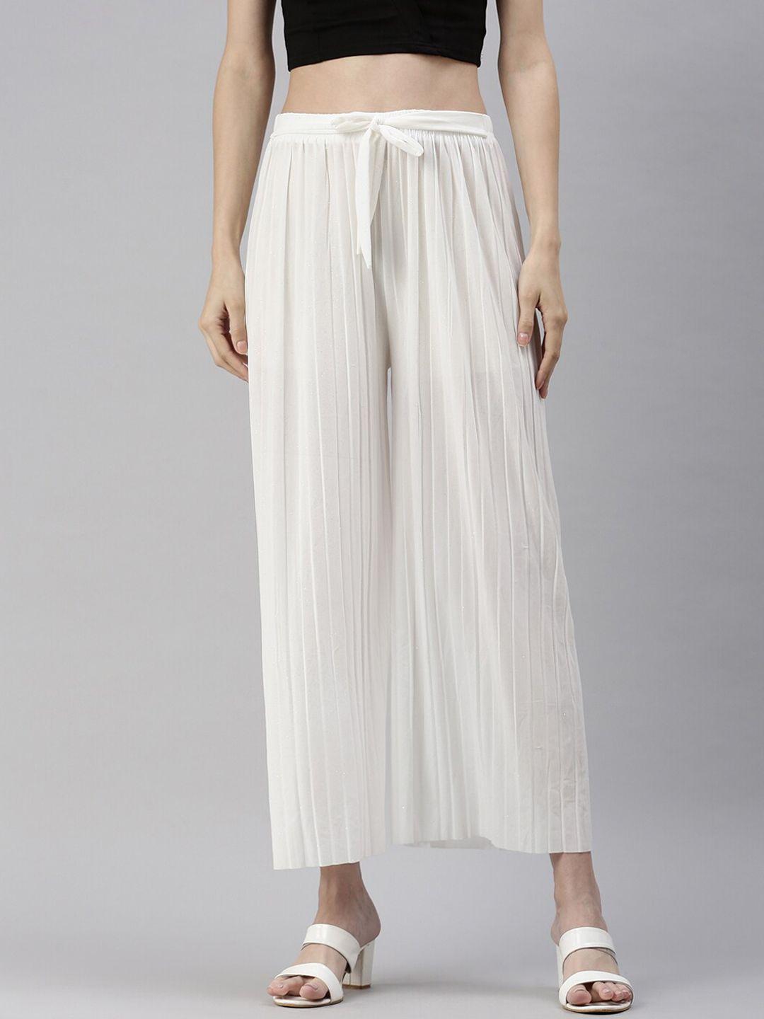 showoff women white loose fit high-rise pleated trousers