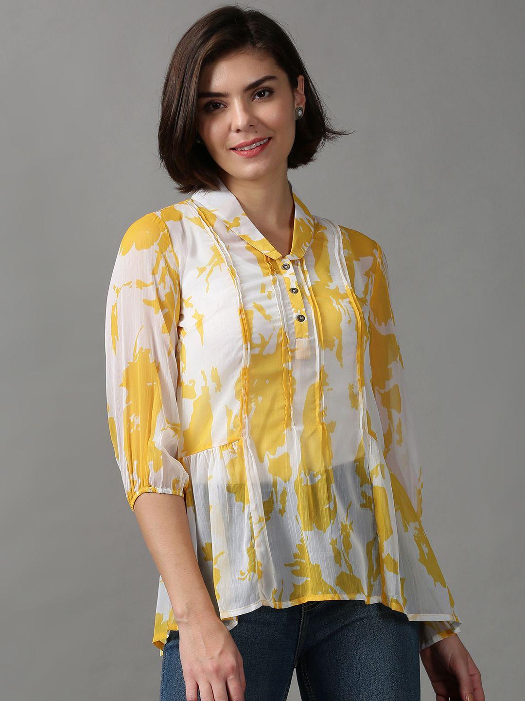 showoff women white print mandarin collar chiffon top