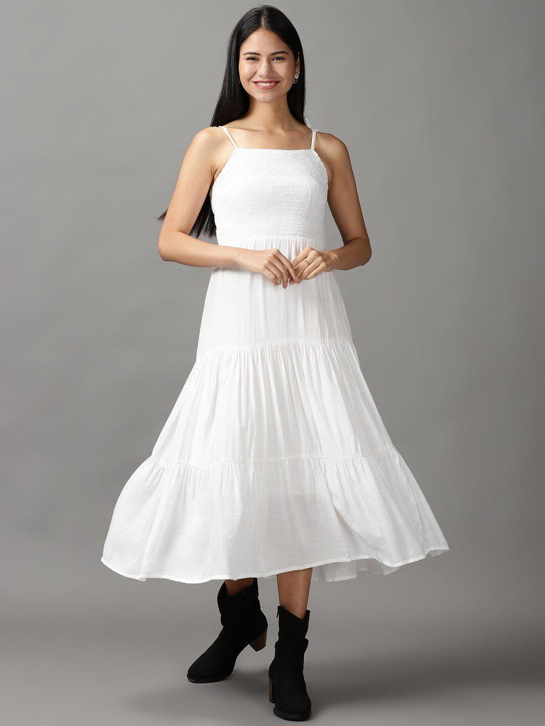 showoff women white smoked midi dress