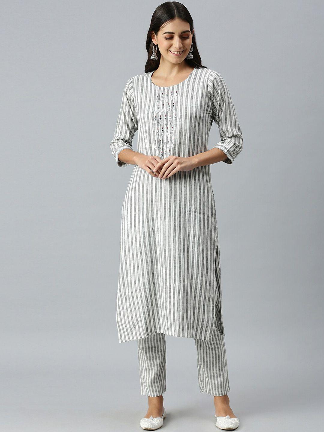 showoff women white striped mirror work kurta with trousers