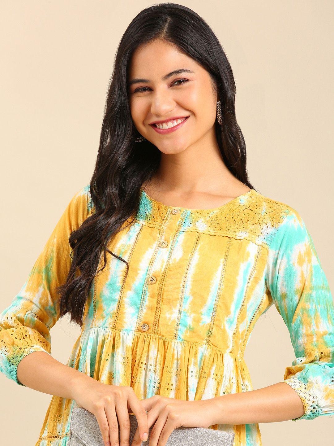 showoff women yellow & blue dyed tiering dobby cotton kurta