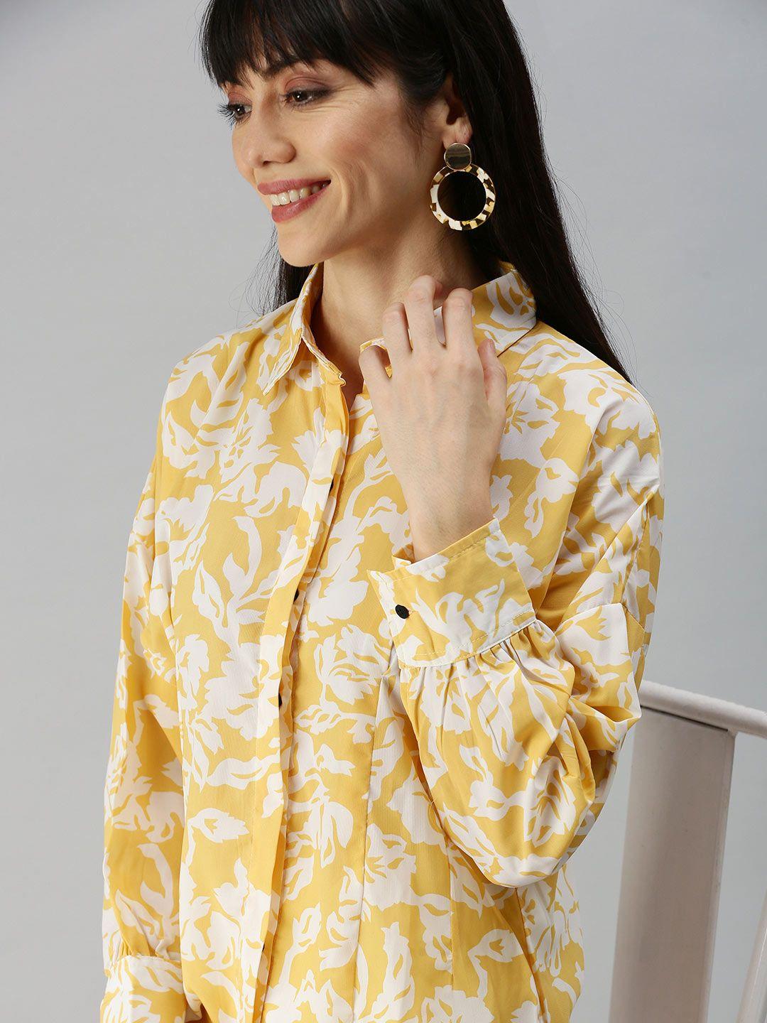 showoff women yellow contemporary slim fit floral printed casual shirt