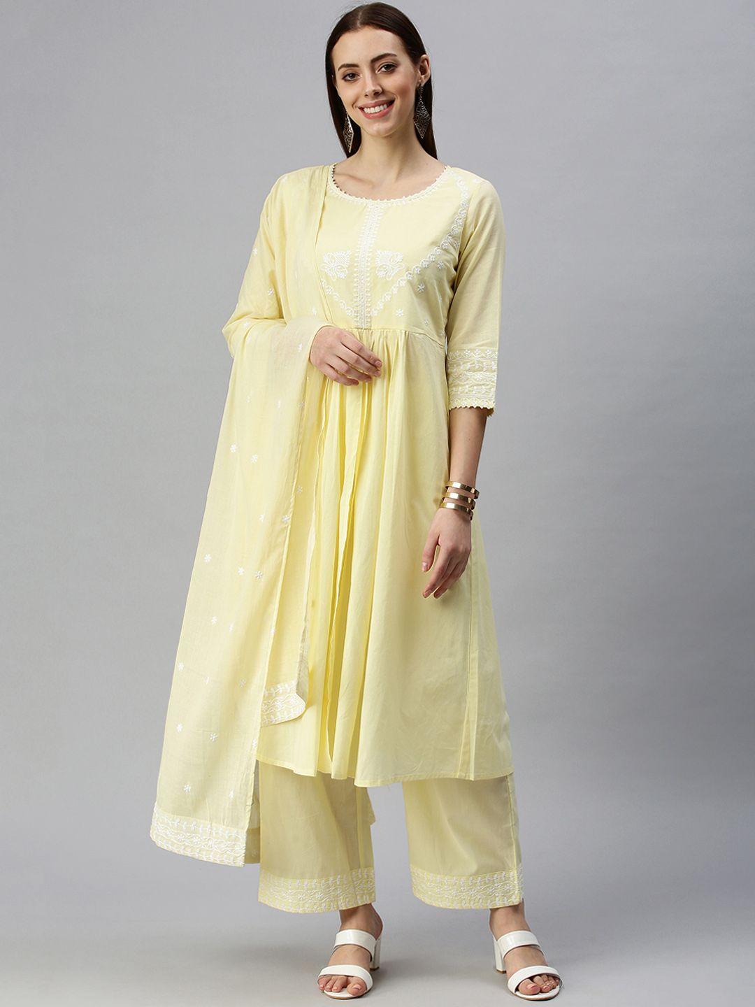 showoff women yellow embroidered chikankari a-line kurta sets