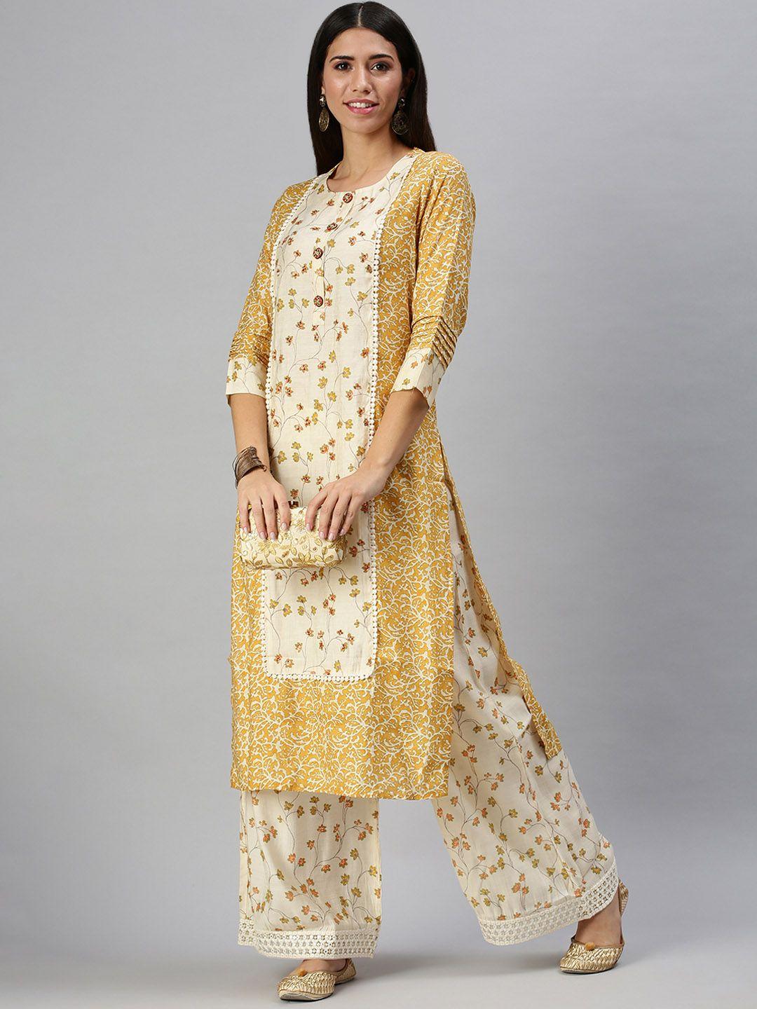 showoff women yellow ethnic motifs printed sequinned kurta with palazzos