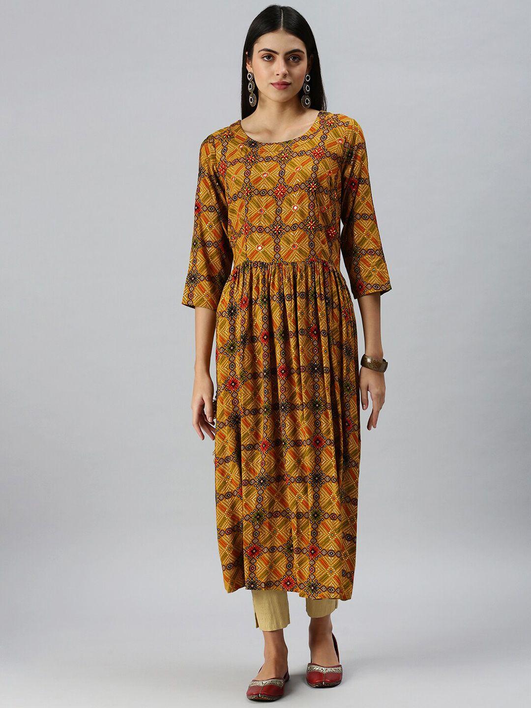showoff women yellow ethnic motifs printed thread work kurta