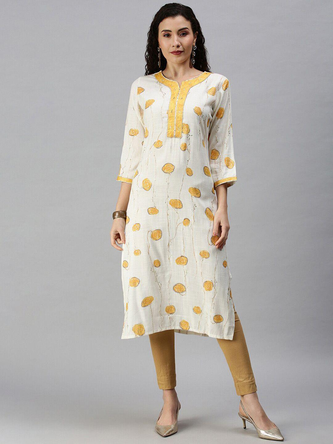 showoff women yellow floral gotta patti v-neck thread work straight kurta