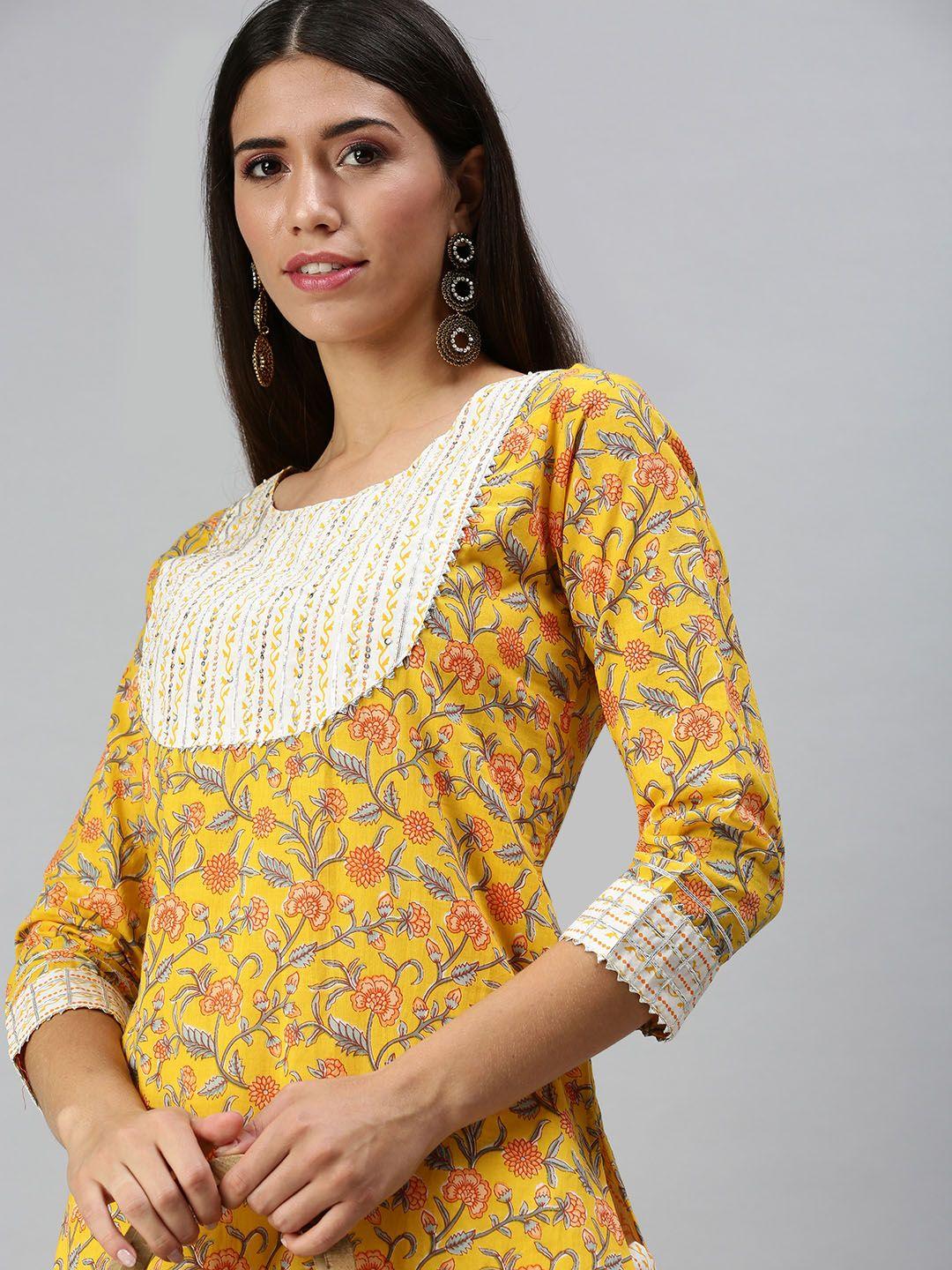 showoff women yellow floral printed kurta with trousers & with dupatta