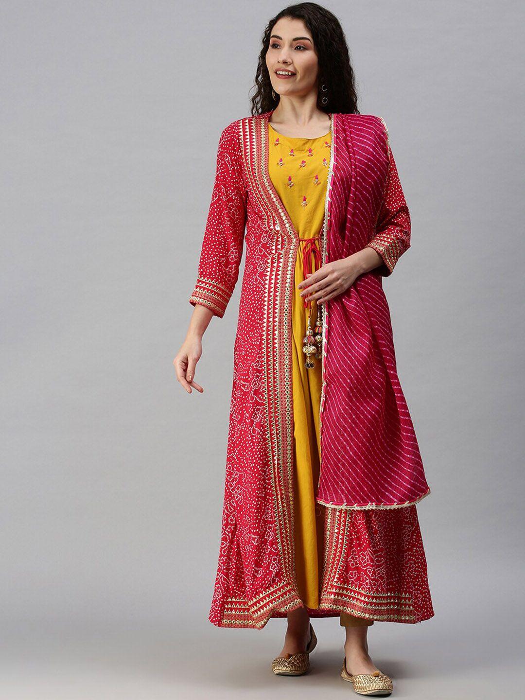 showoff women yellow leheriya yoke design anarkali kurta