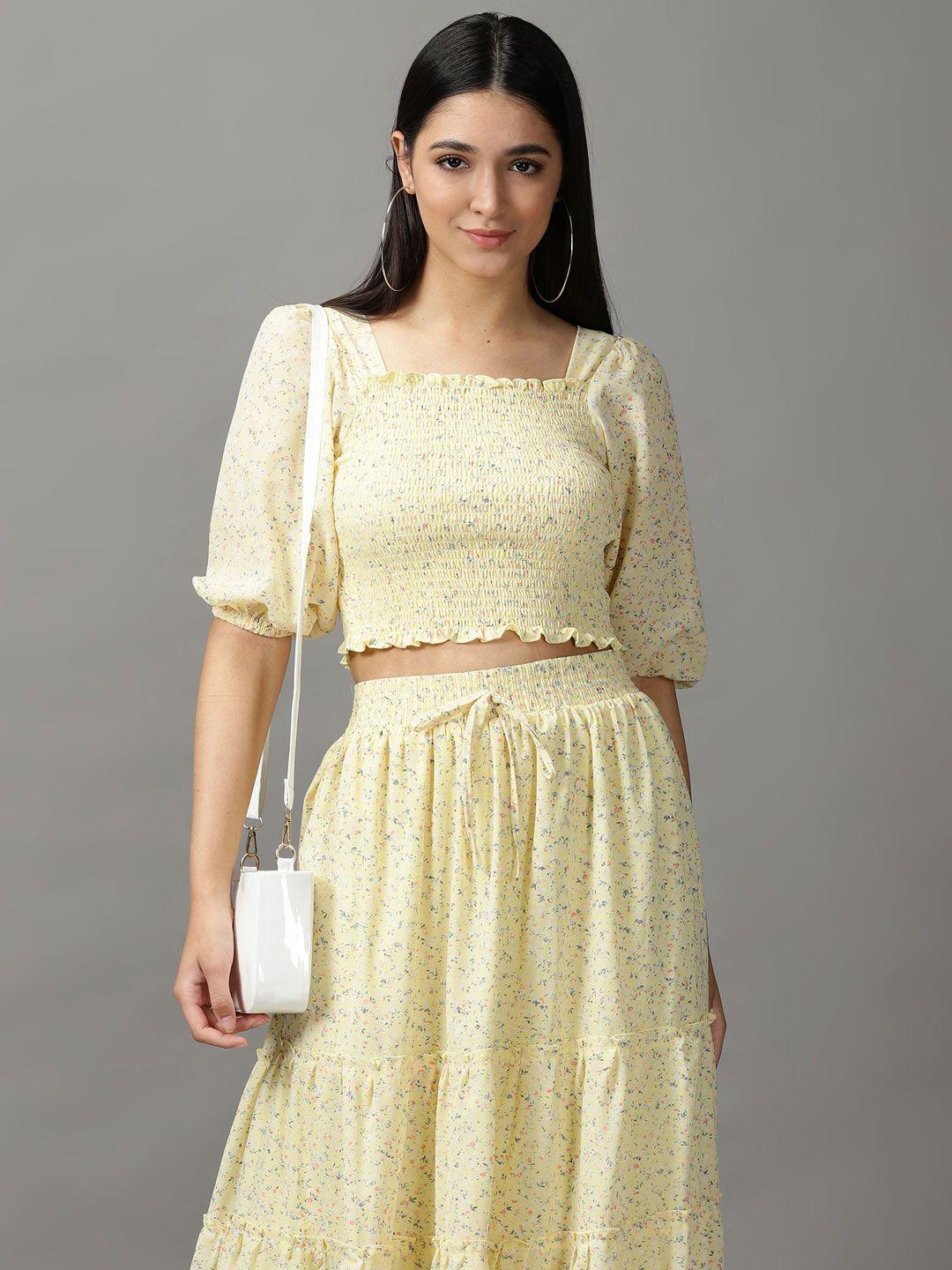 showoff women yellow printed top and skirt co-ords