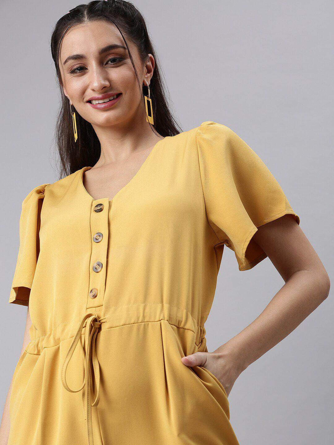 showoff women yellow solid polyester basic jumpsuit