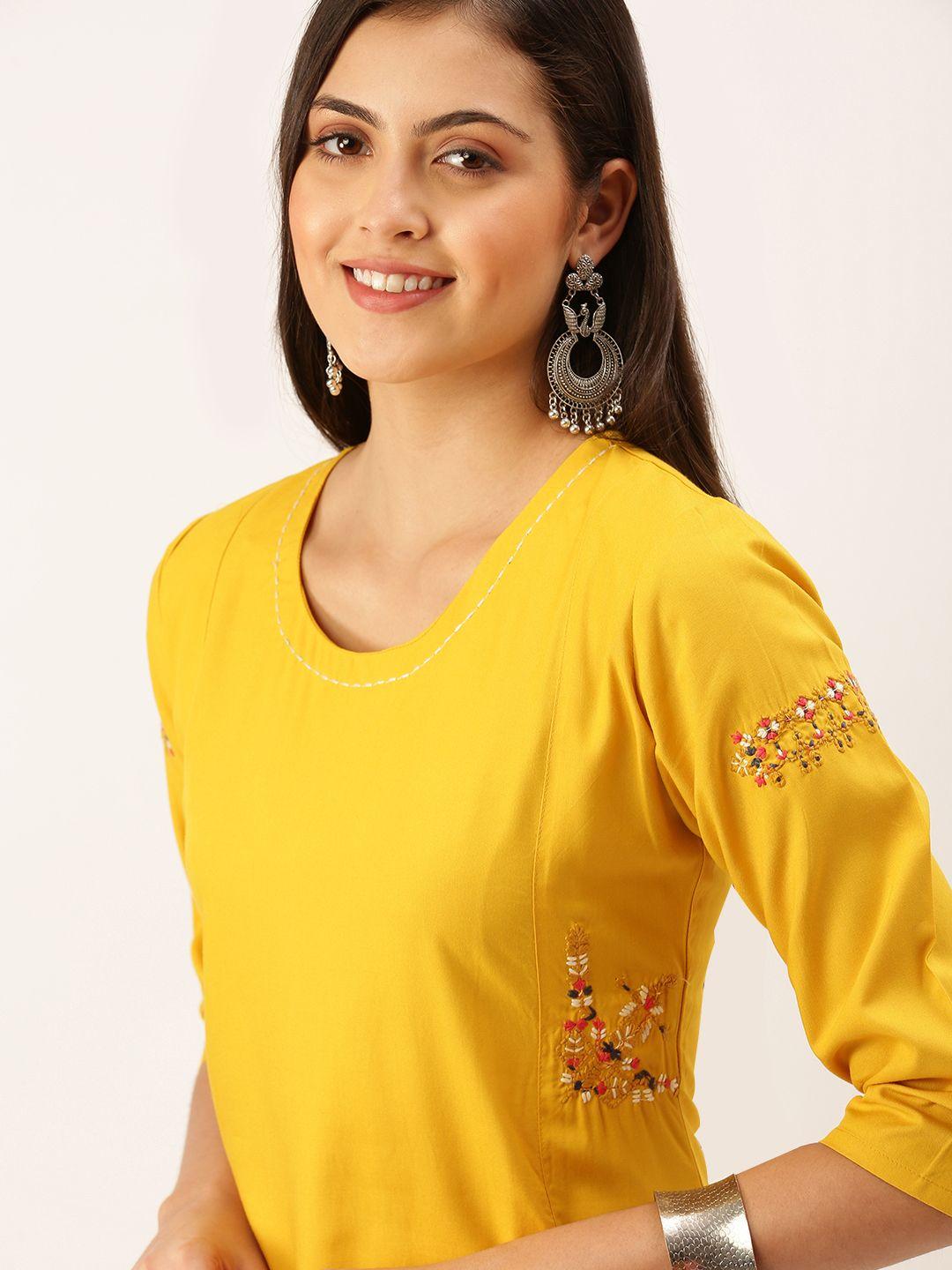 showoff women yellow solid thread work kurta