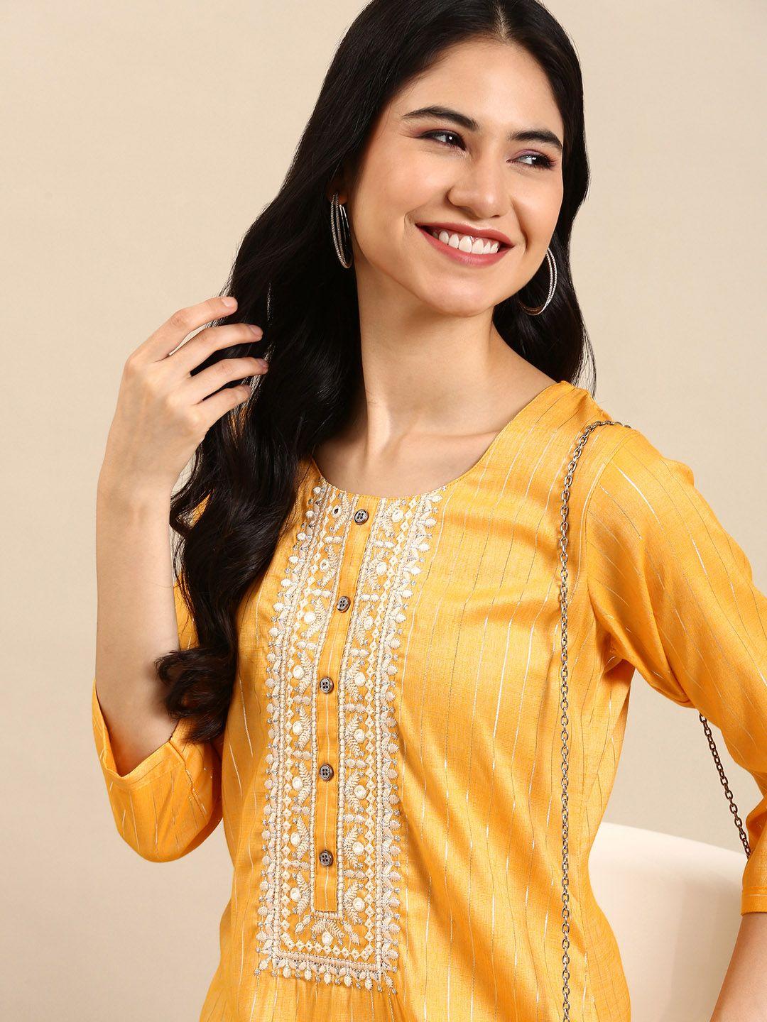 showoff women yellow striped thread work kurta