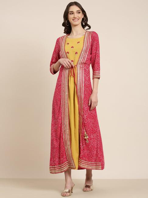 showoff yellow & pink cotton regular fit kurta with jacket