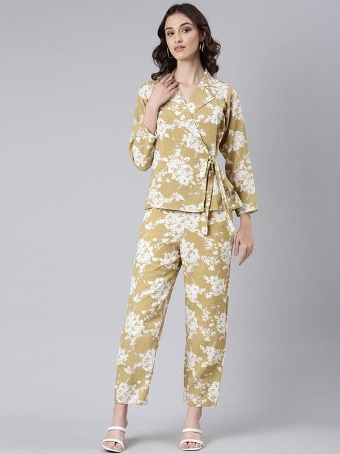 showoff yellow & white cotton blend floral print co-ord set