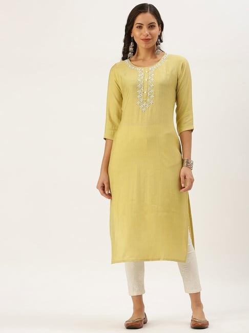 showoff yellow cotton embroidered calf length straight kurta